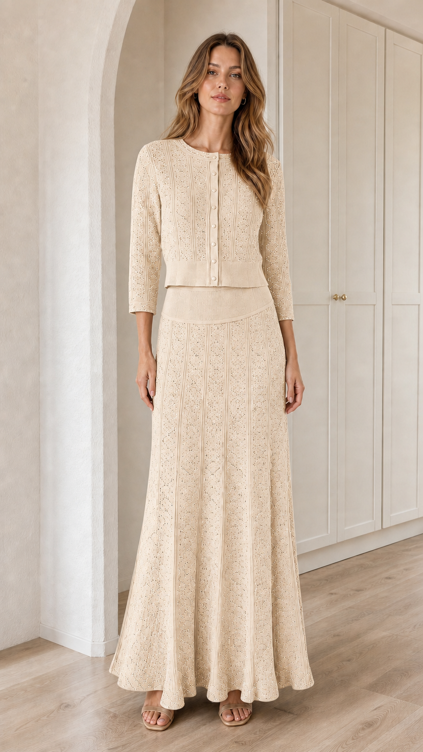 Model wearing Beige cream knit cardigan and maxi skirt two-piece set