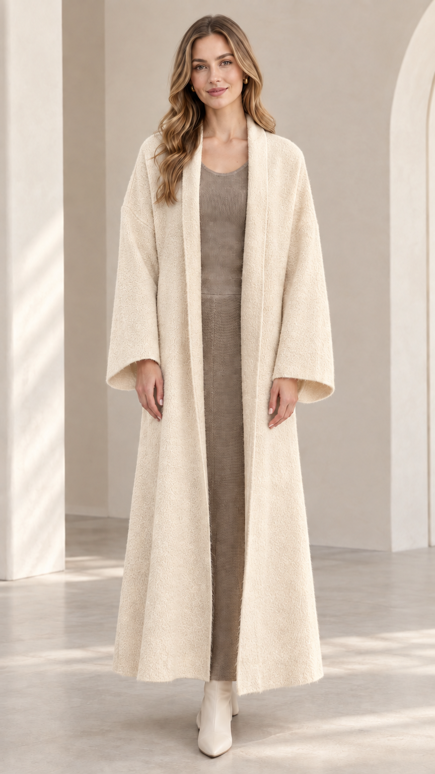 Front view of model wearing warm beige textured longline knit coat