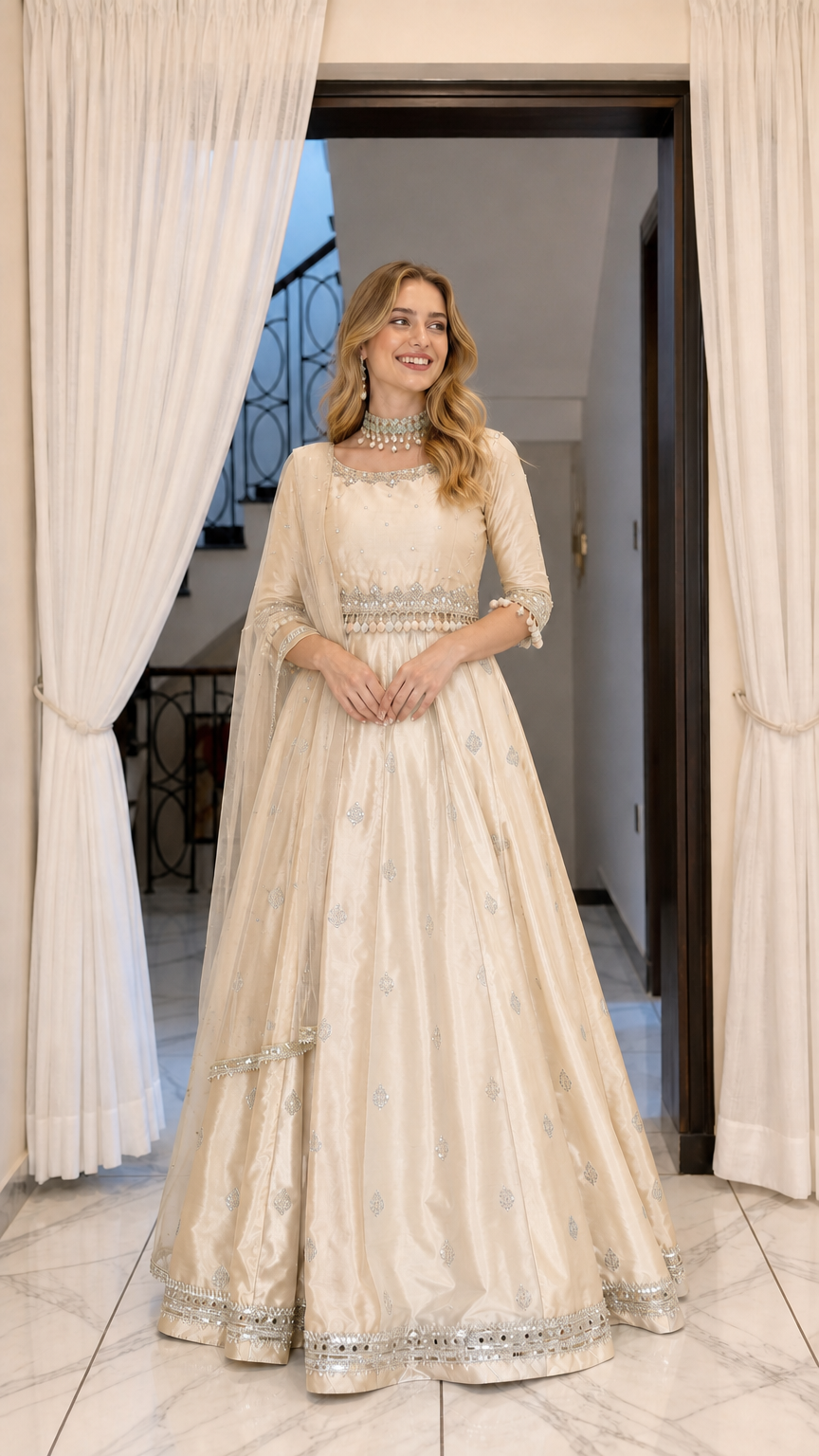 Model wearing champagne cream embroidered formal Anarkali gown with sheer scarf