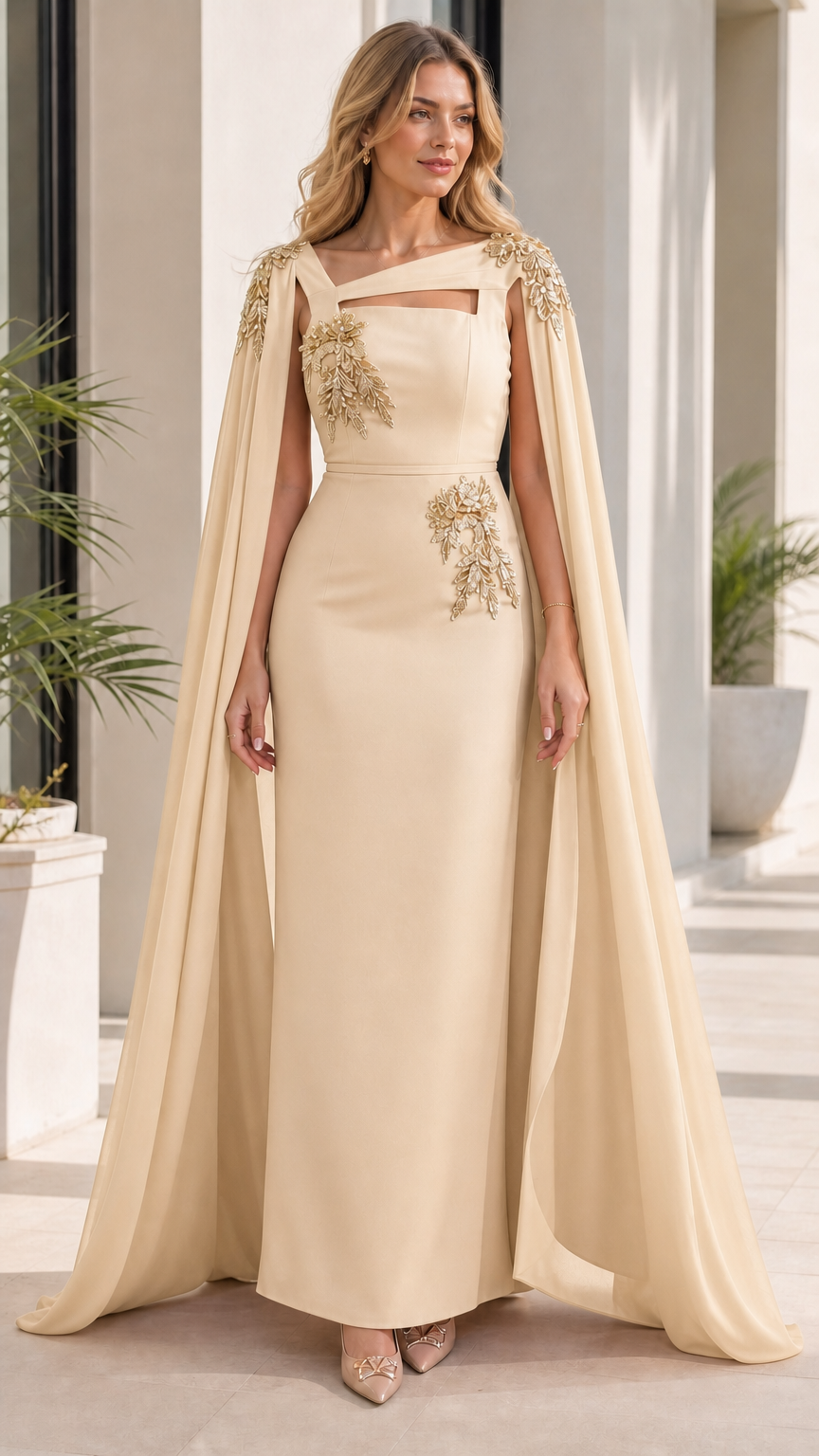Woman wearing champagne evening dress with attached cape