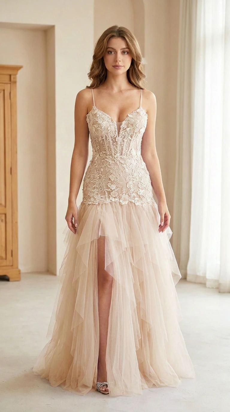Front view of model wearing champagne beige lace corset tulle maxi dress
