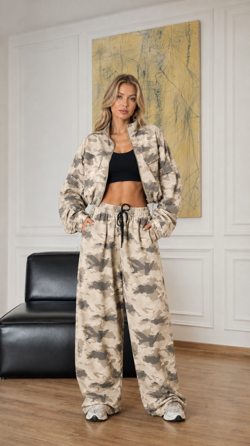 Model wearing sand beige camouflage cropped jacket and wide-leg pants set