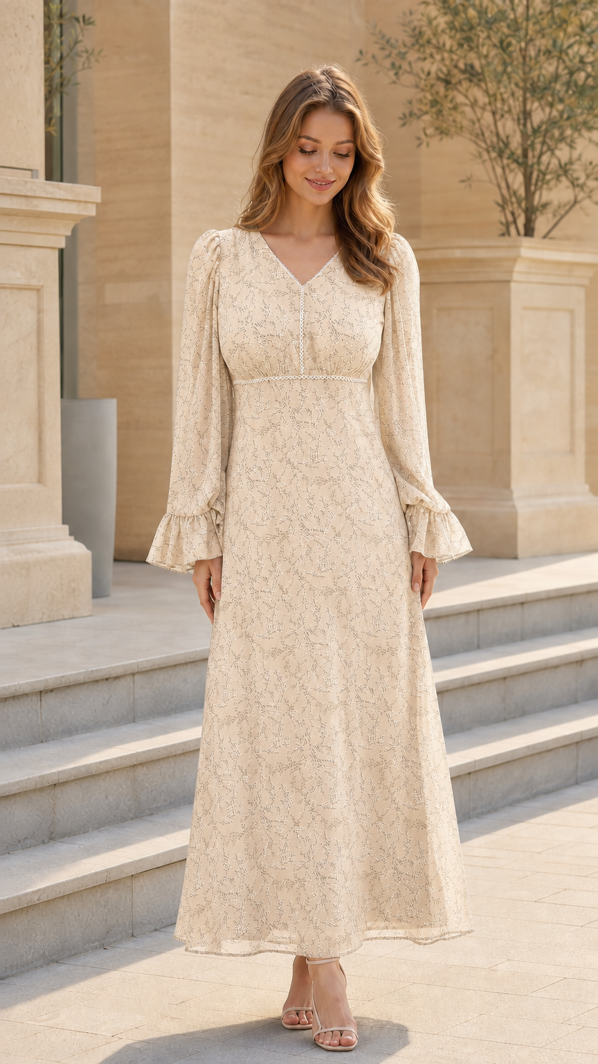 Model wearing cream beige floral long sleeve maxi dress