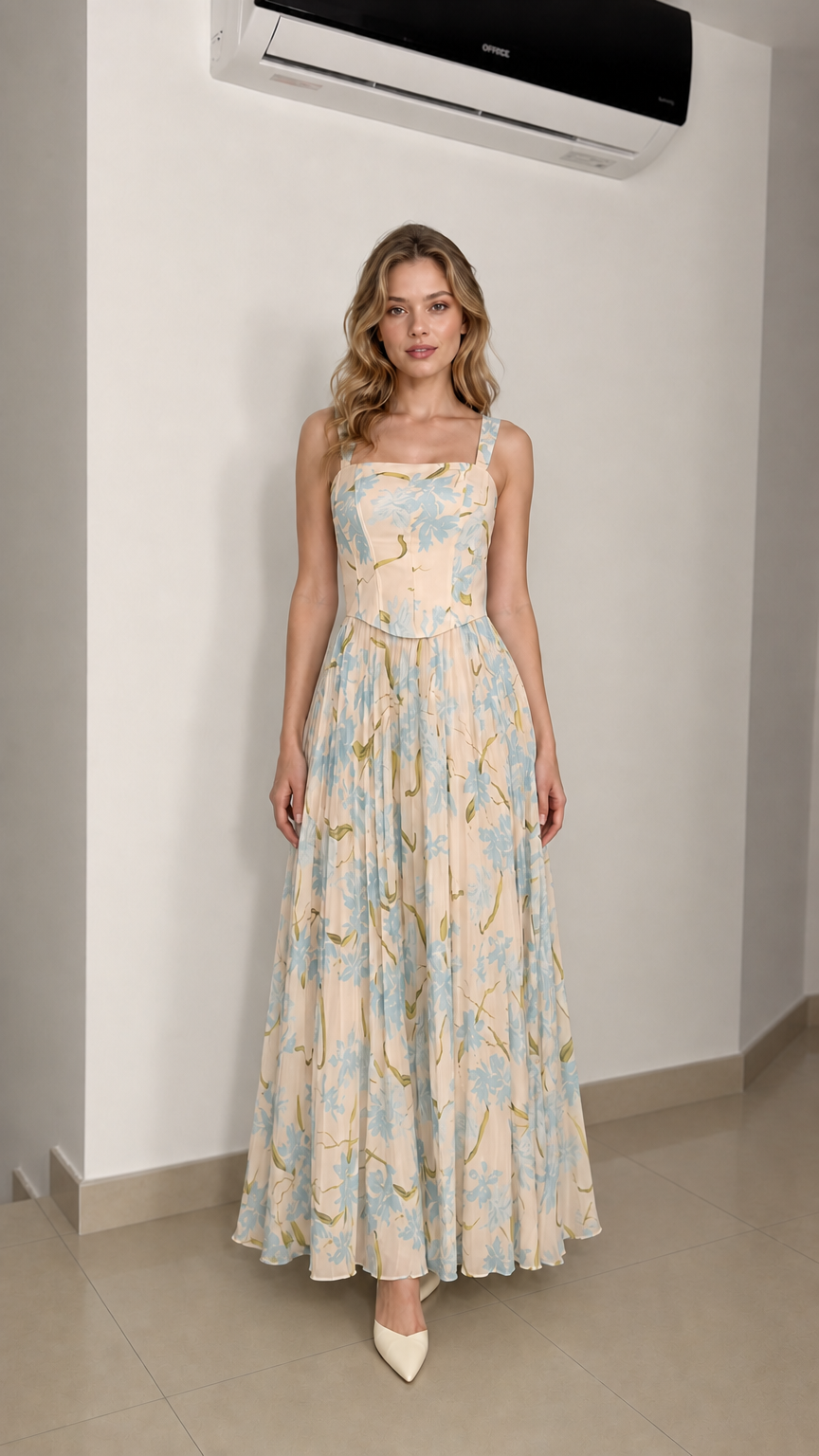 Model wearing cream floral maxi dress