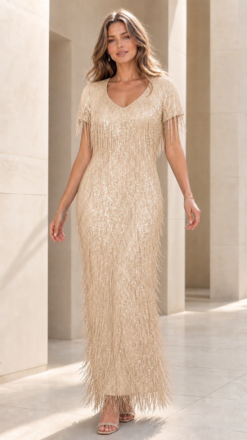 Model wearing champagne sequin fringe evening dress