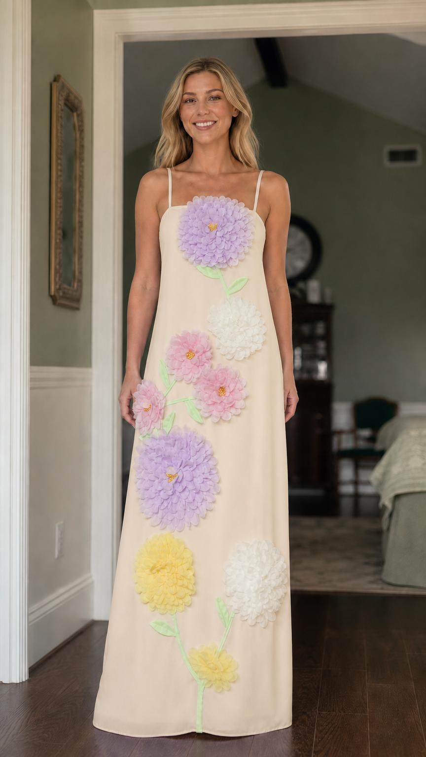 Front view of model wearing Beige 3D floral maxi dress