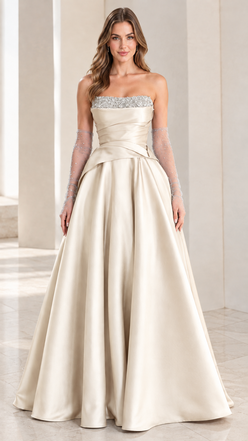 Champagne ivory strapless satin evening gown with beaded neckline