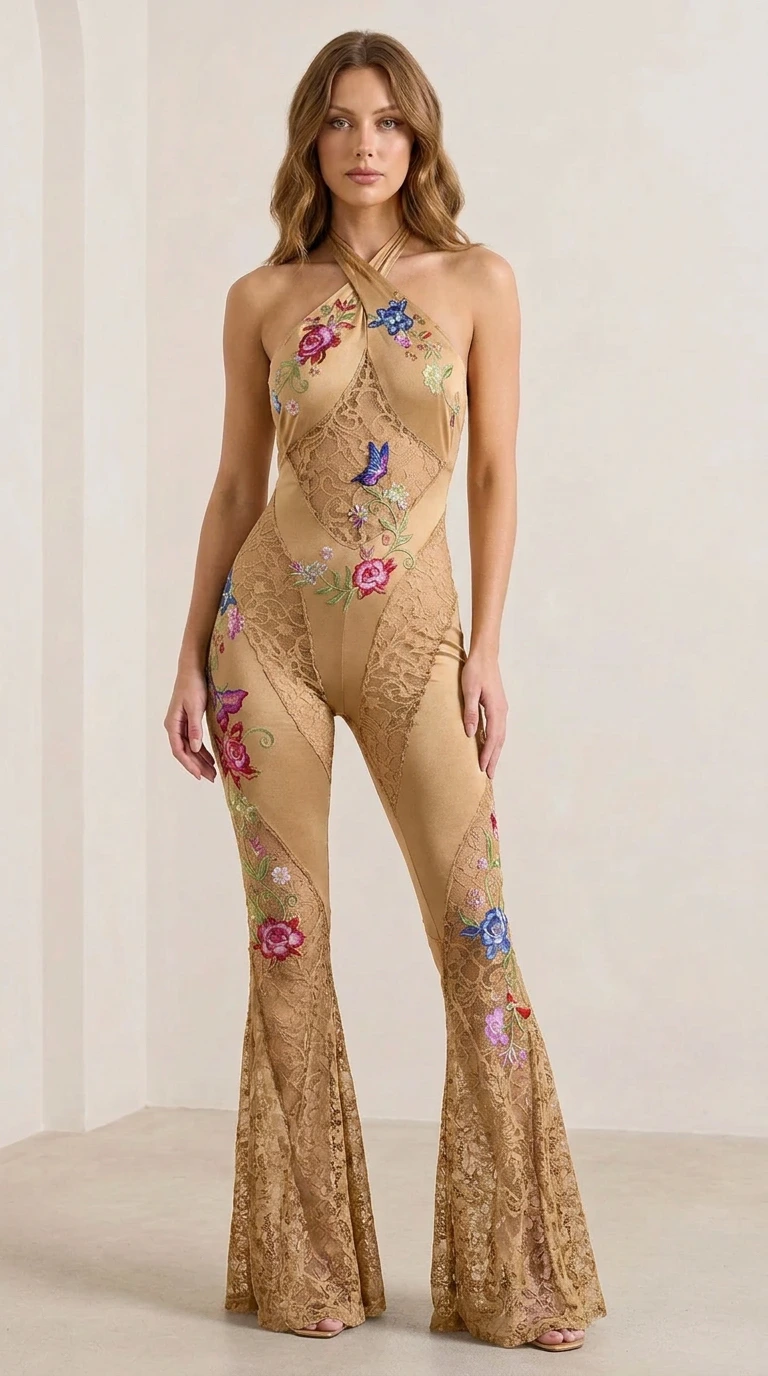Gold color variant of the floral embroidered lace jumpsuit