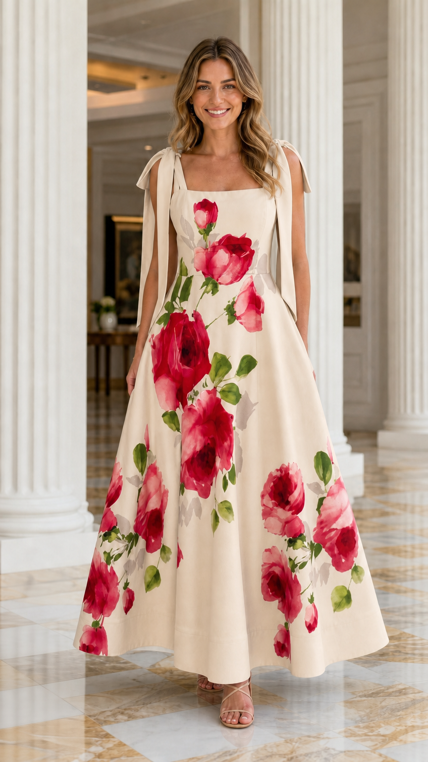 Model wearing cream floral print tie-strap maxi dress