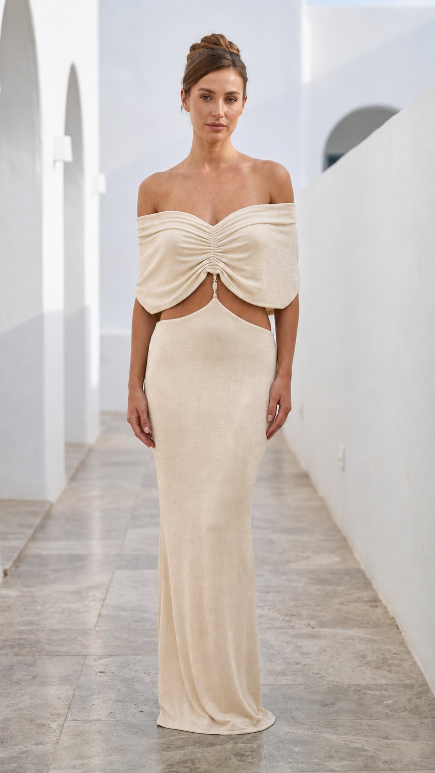 Champagne off-shoulder cutout maxi dress front view