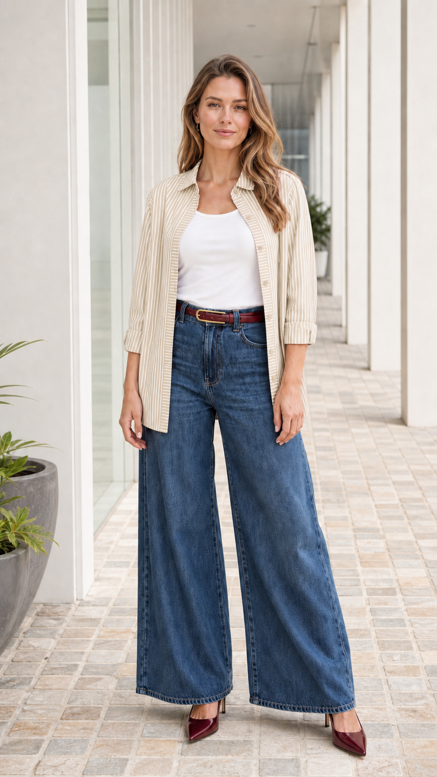 Woman wearing beige striped button down shirt