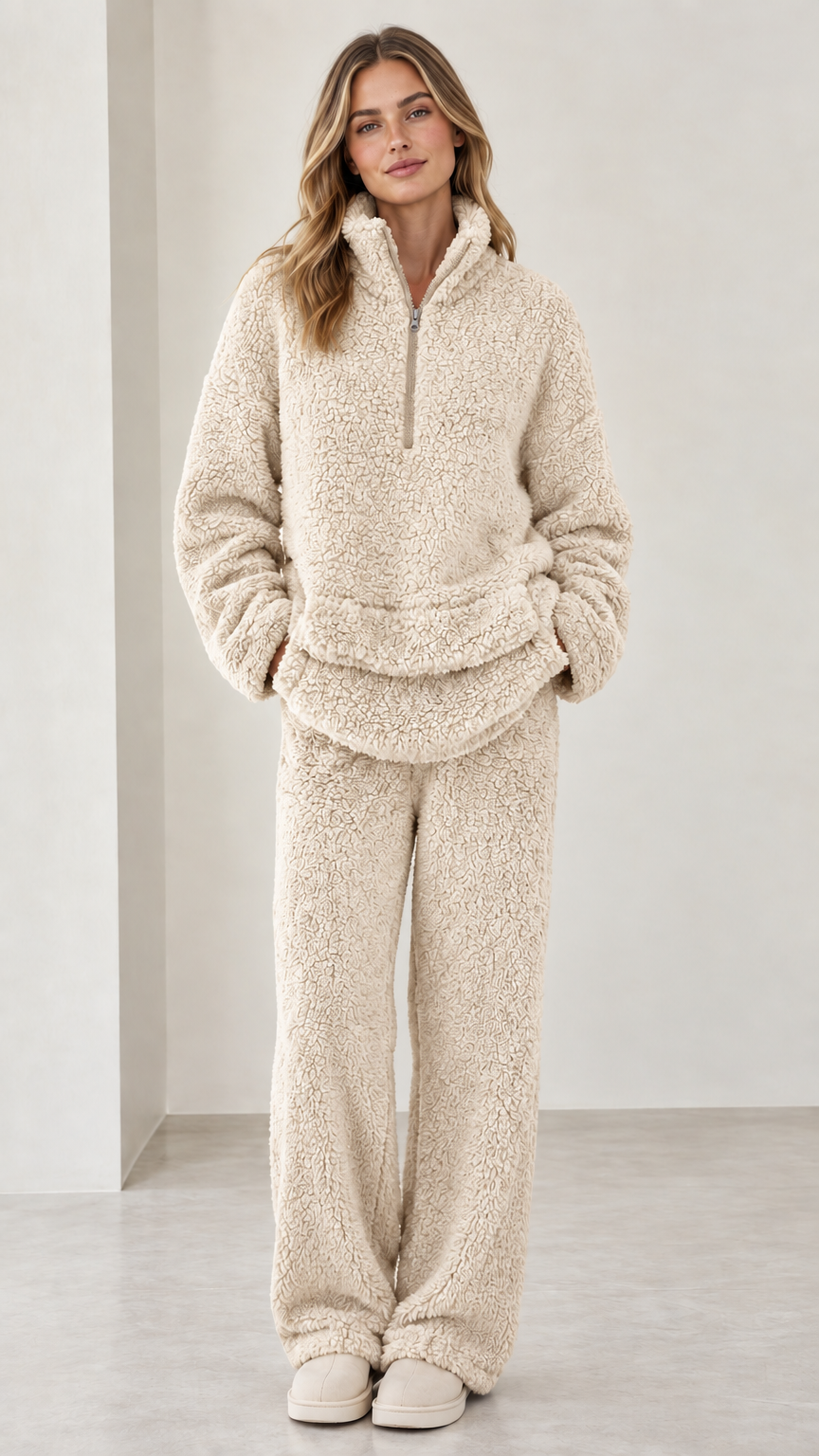 Model wearing cream off-white plush sherpa fleece two-piece loungewear set