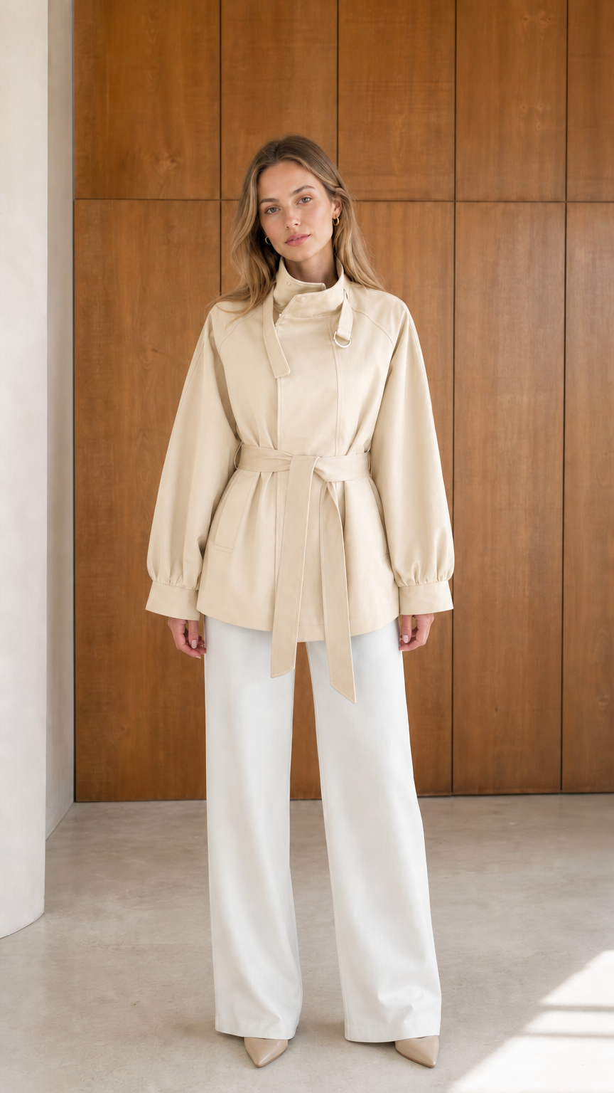 Model wearing beige cream high neck belted short trench jacket