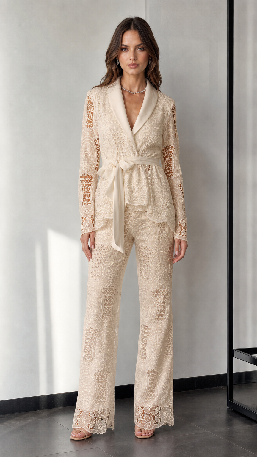 Woman wearing beige lace blazer and trousers set