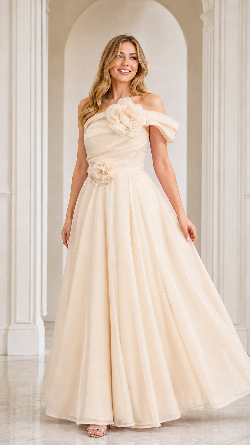 Champagne cream off-the-shoulder floral appliqué evening gown