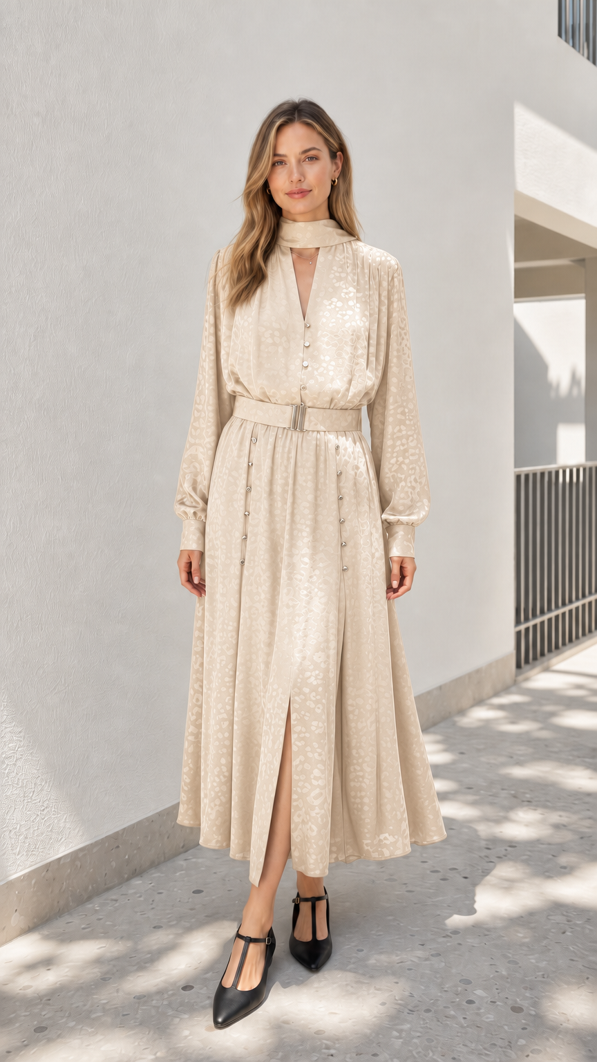 Model wearing champagne mock neck midi dress