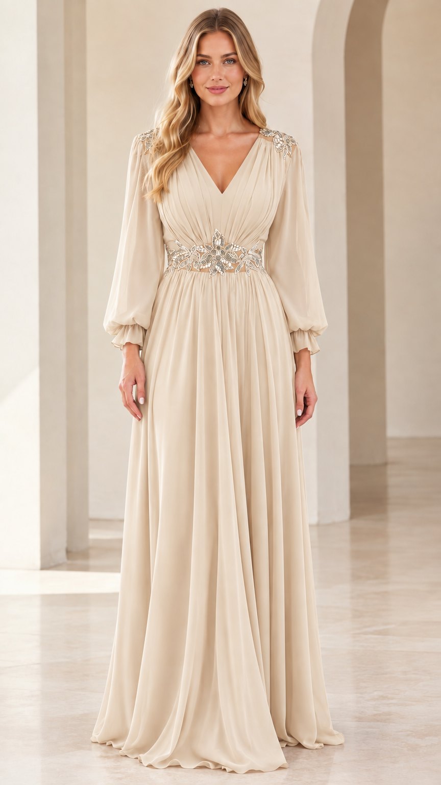 Front view of woman wearing champagne beige flowing chiffon formal gown with embellished waist