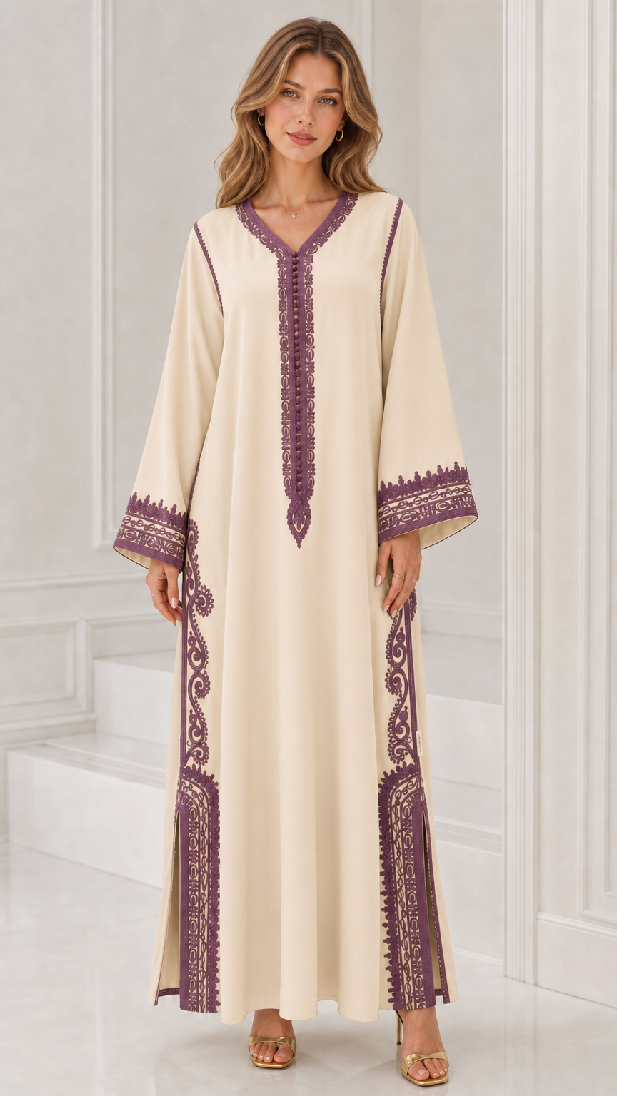 Front full view of woman wearing cream off-white kaftan dress with purple embroidery