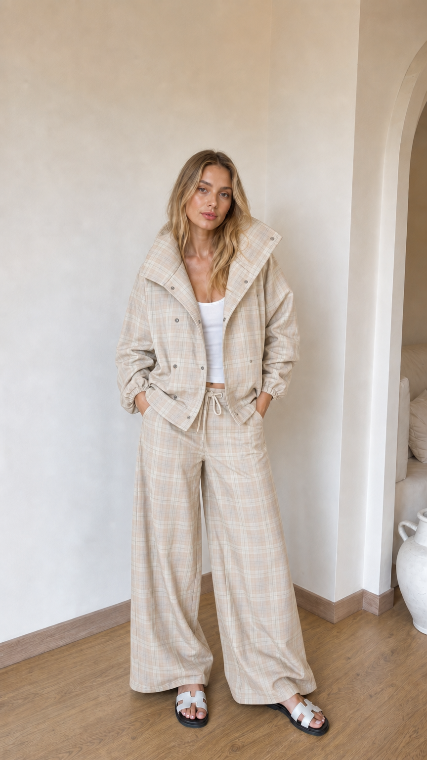 Model wearing beige cream plaid high-collar jacket and wide-leg matching set