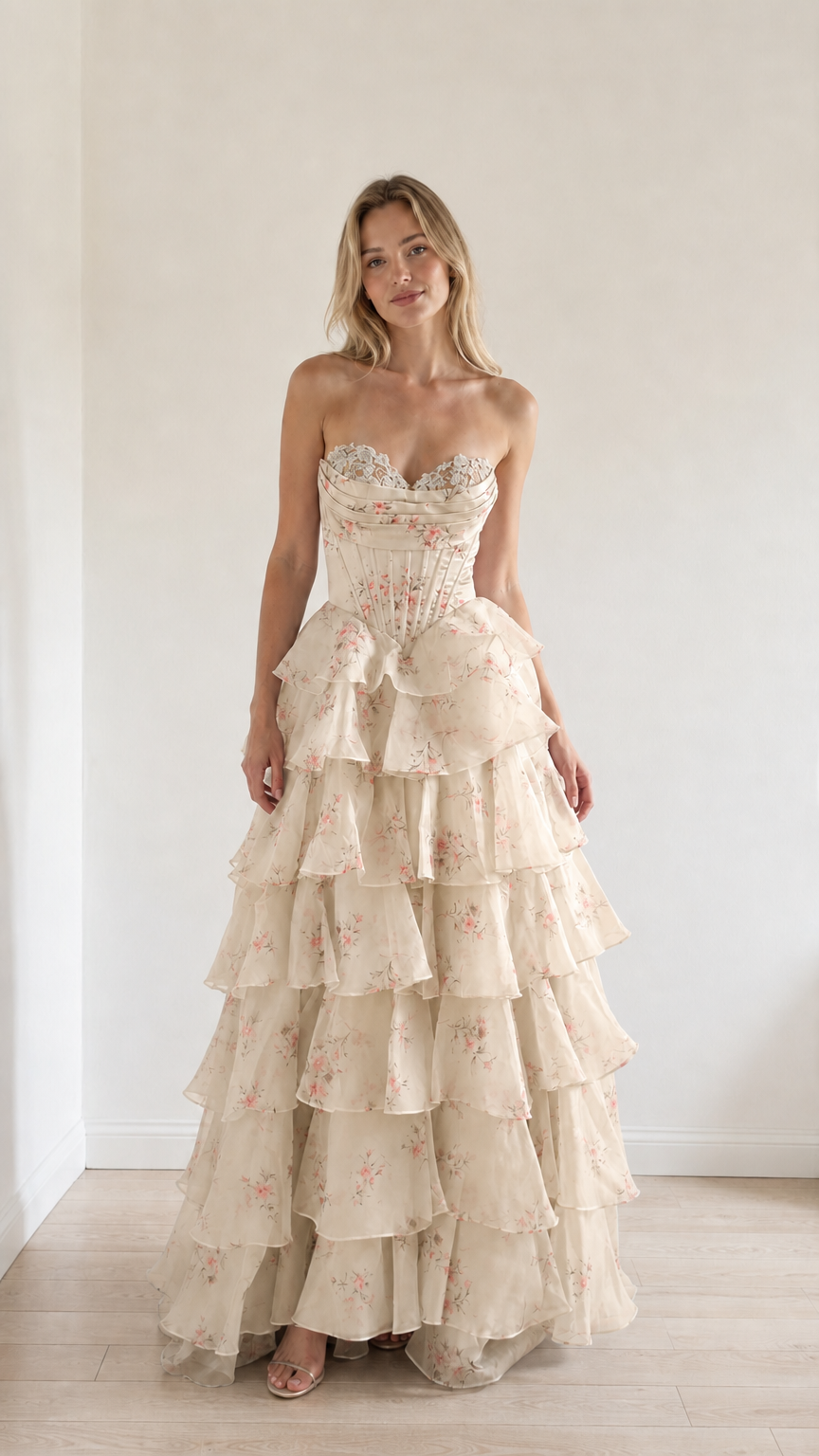 Model wearing champagne floral tiered ruffle strapless evening gown