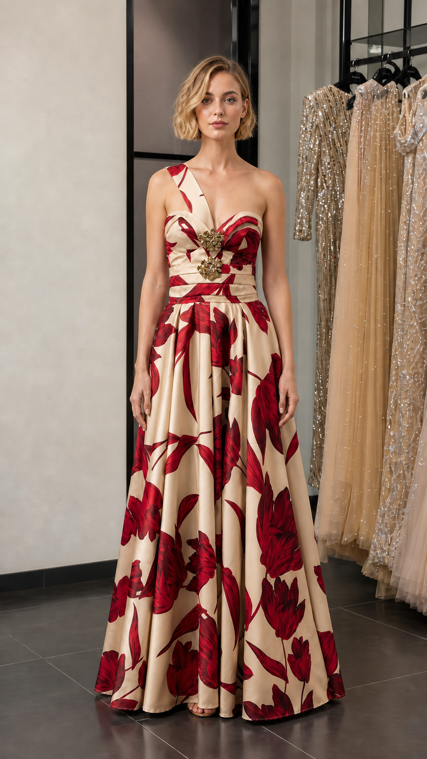 Model wearing cream and red floral variant evening gown