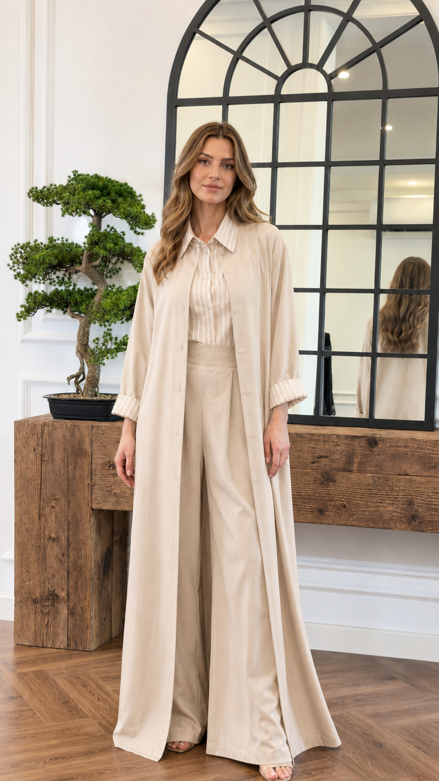 Model wearing the neutral beige 3-piece duster coat and matching trousers set