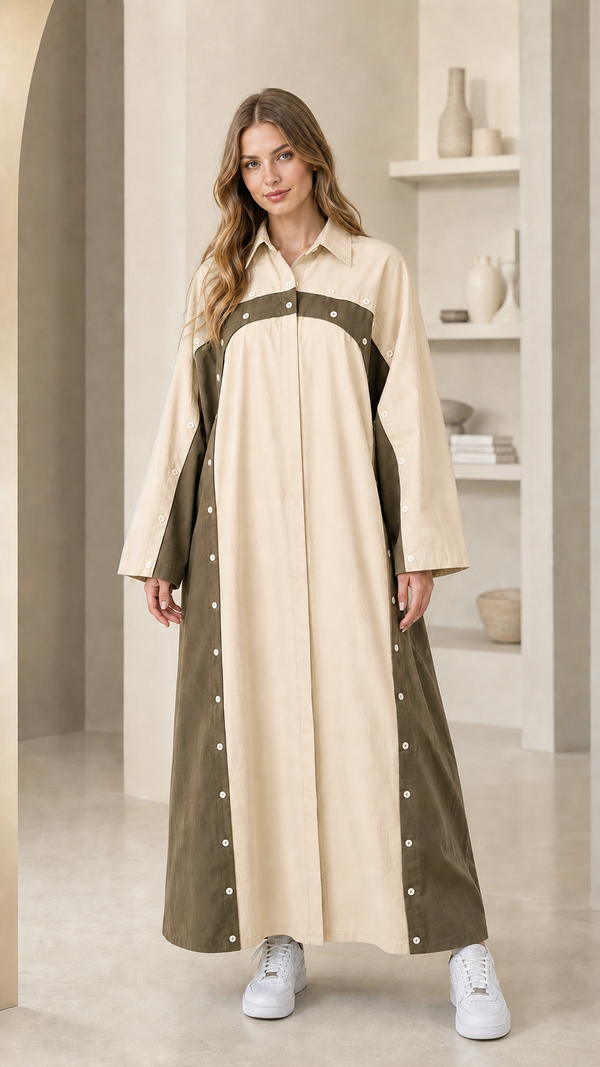 Beige colorblock long sleeve modest maxi shirt dress