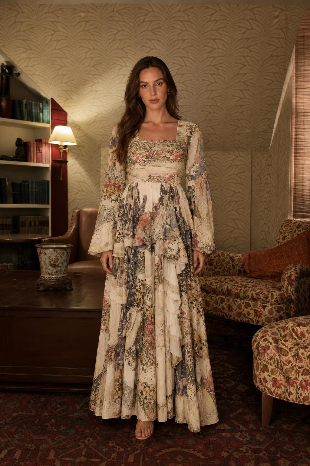 Boho Chic Printed Long Sleeve Ruffle Maxi Dress in Beige