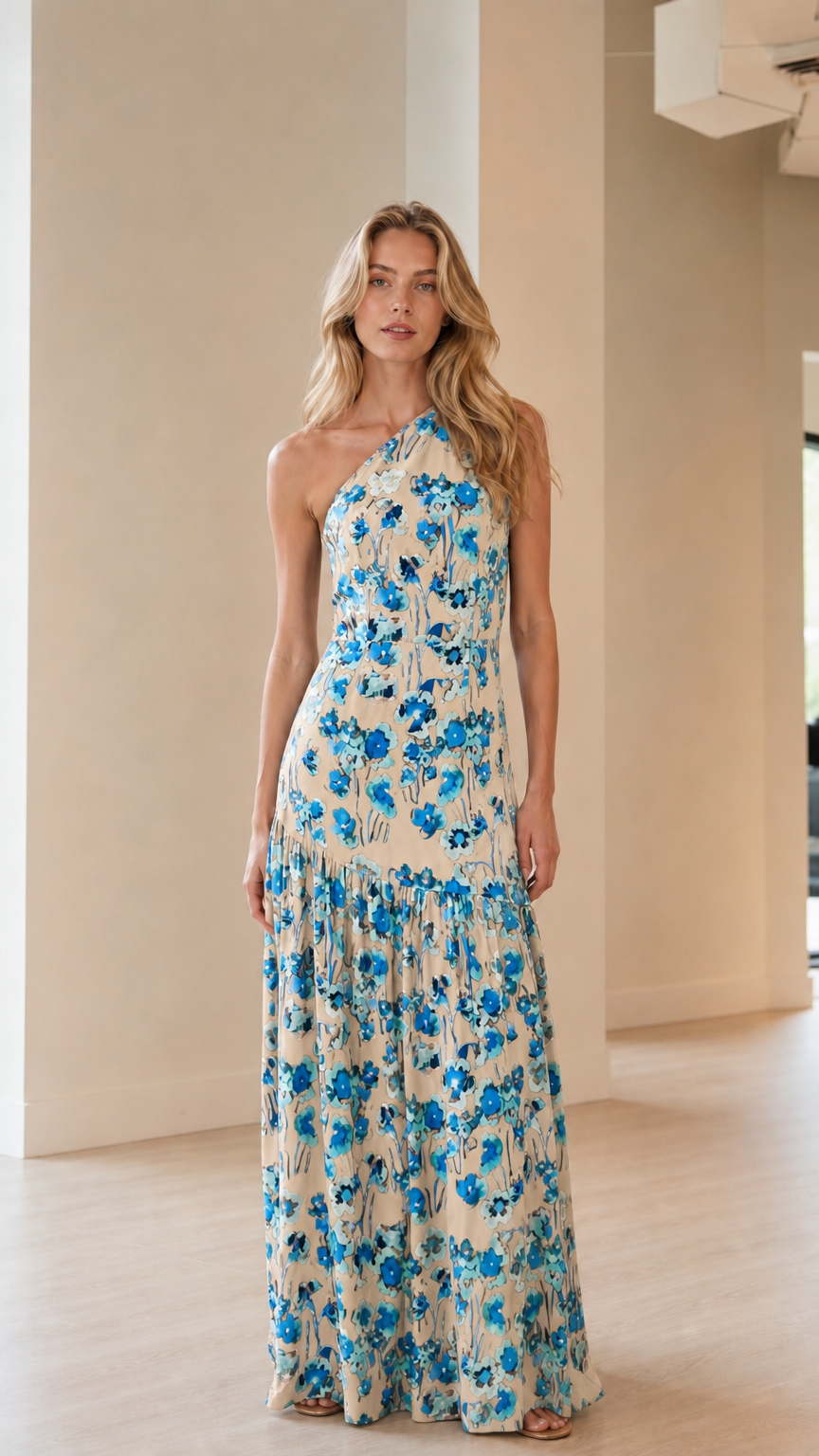 Front view of model wearing cream floral one-shoulder maxi dress