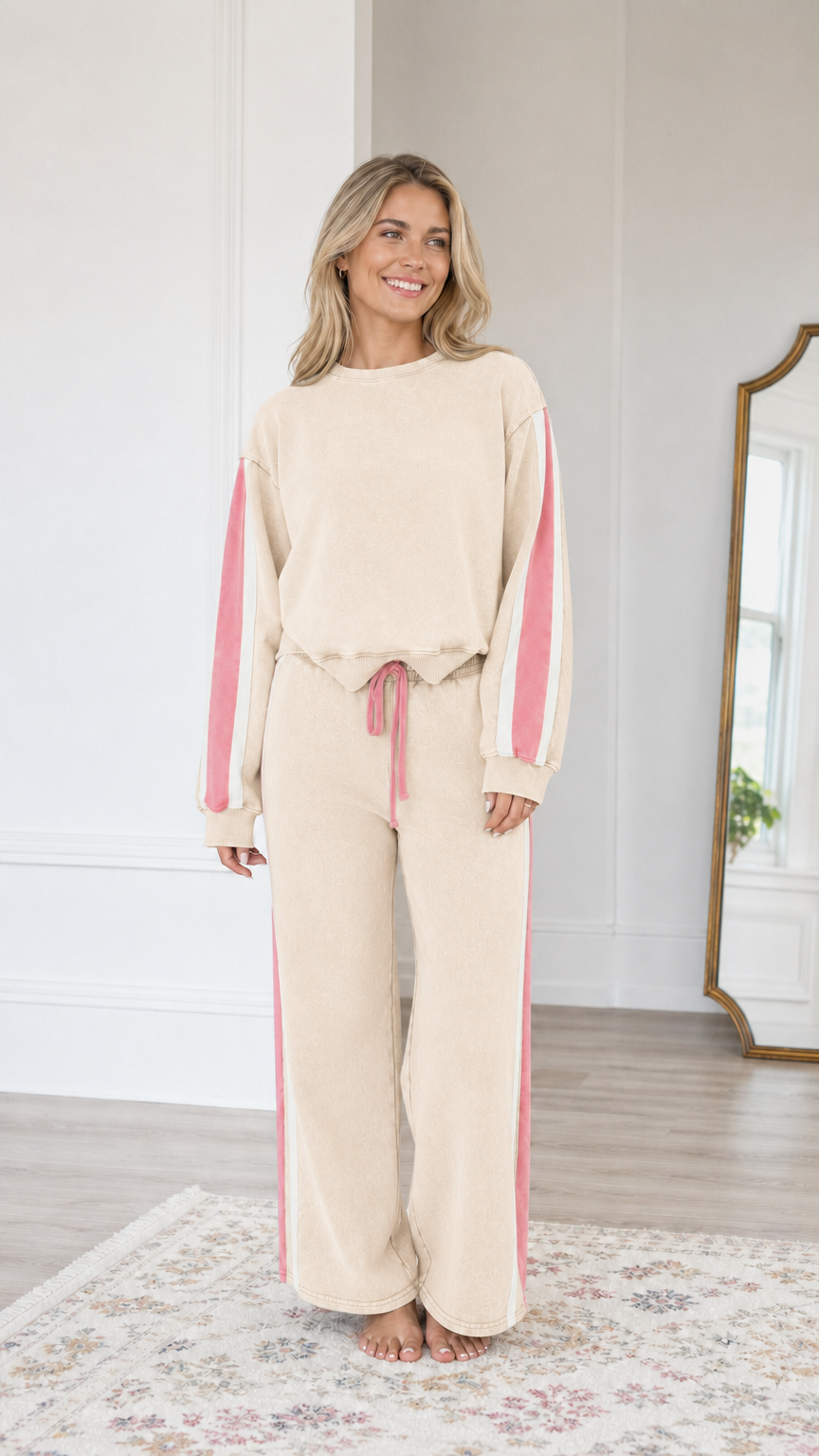 Front view of model wearing the Cream beige vintage washed sweatshirt and wide-leg sweatpants set