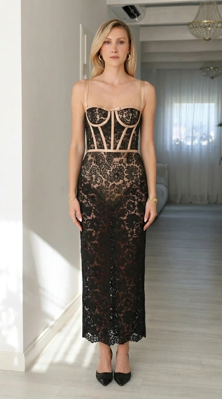 Front view of woman wearing nude and black corset midi dress
