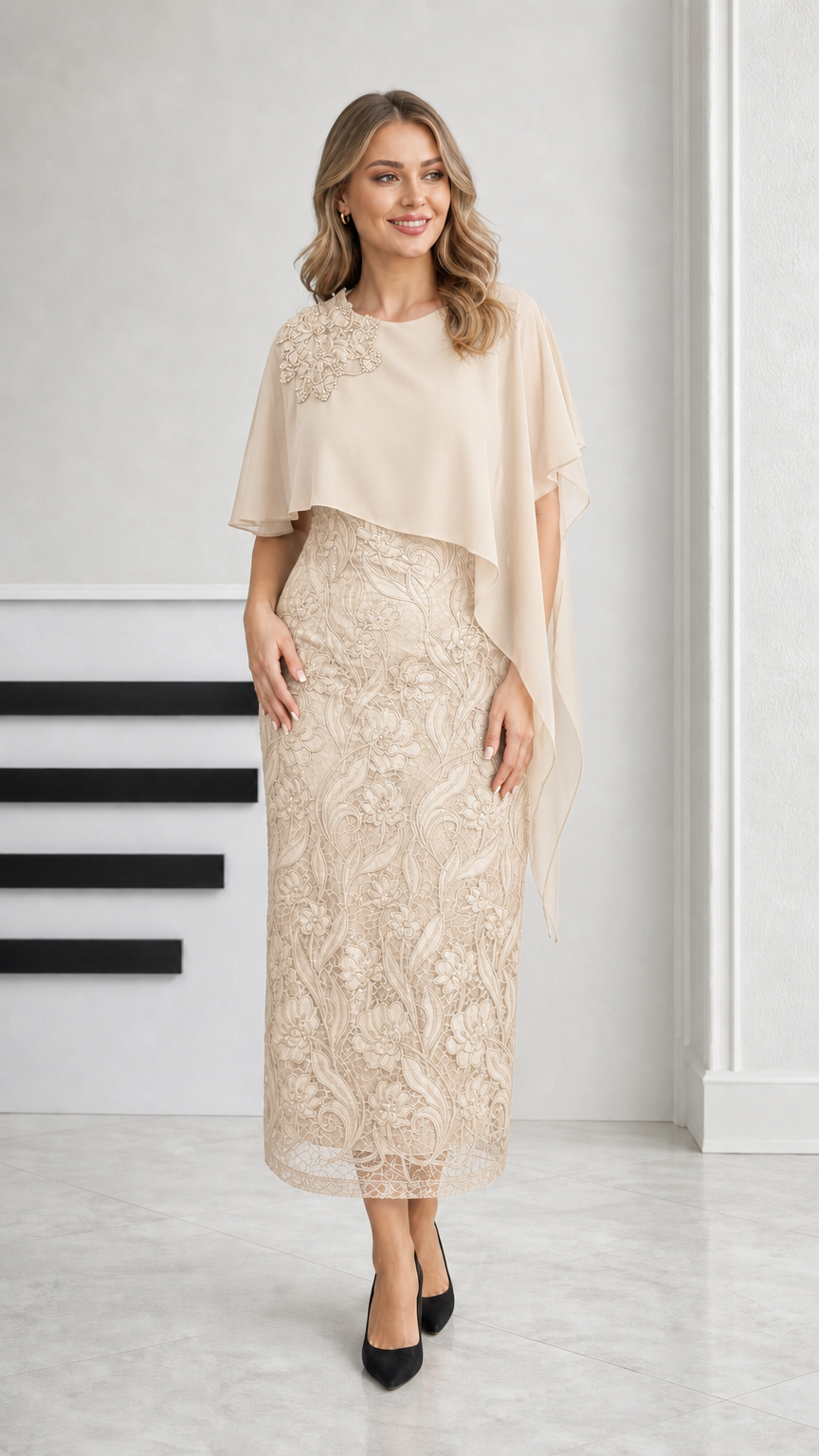 Champagne beige mother of the bride lace midi dress with chiffon cape