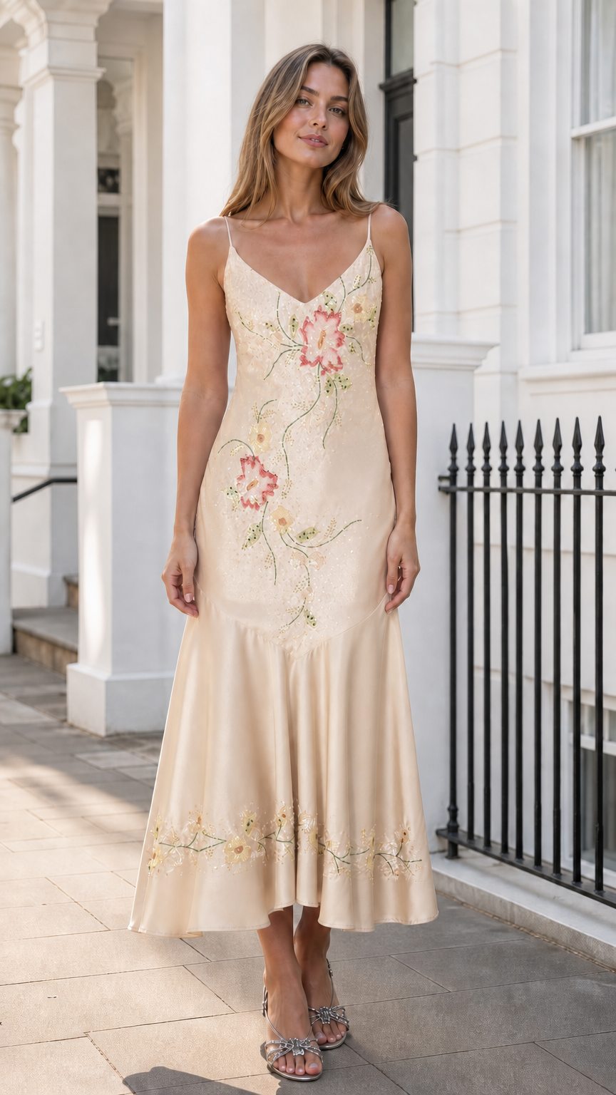 Front view of champagne beige satin slip midi dress with floral embroidery