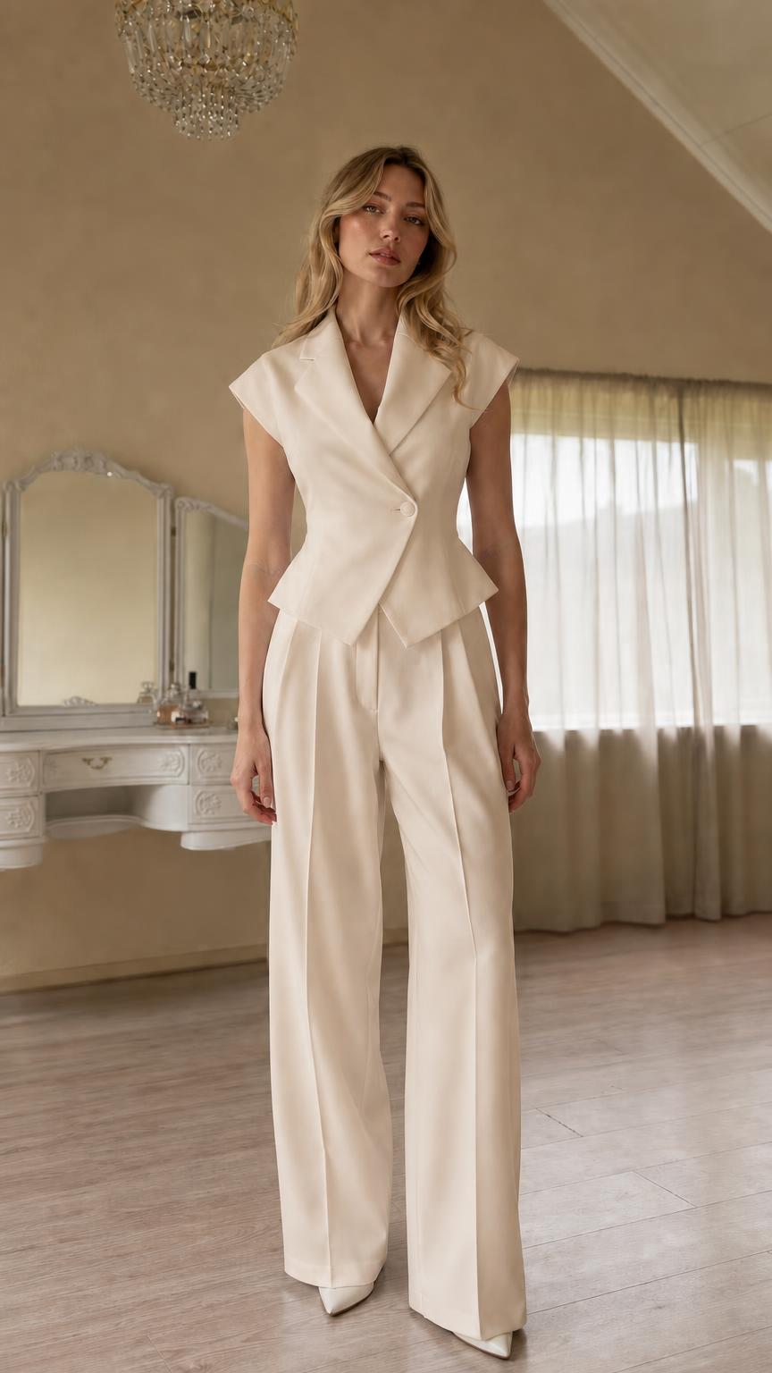 Full view of beige color variant two-piece pants set