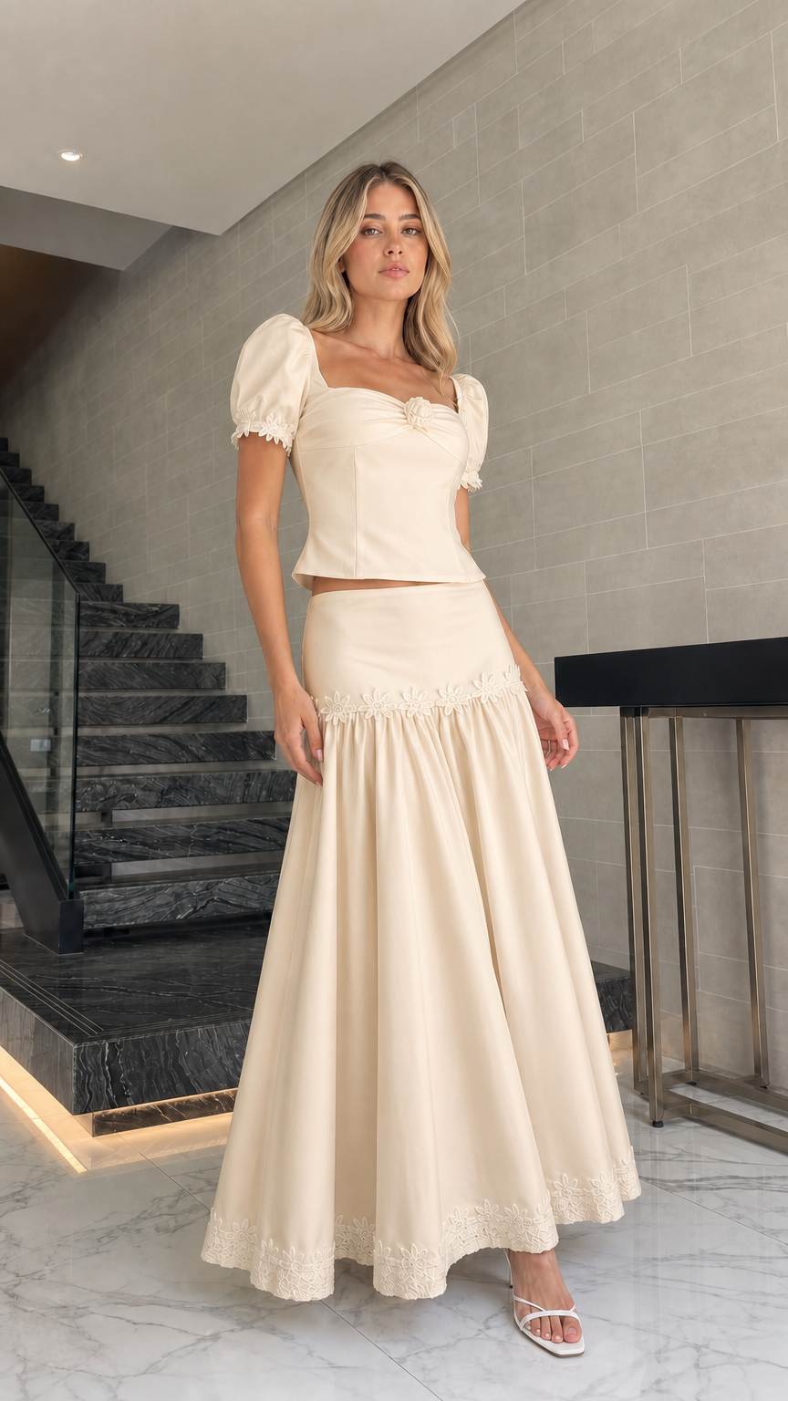 Model wearing beige puff sleeve crop top and maxi skirt set