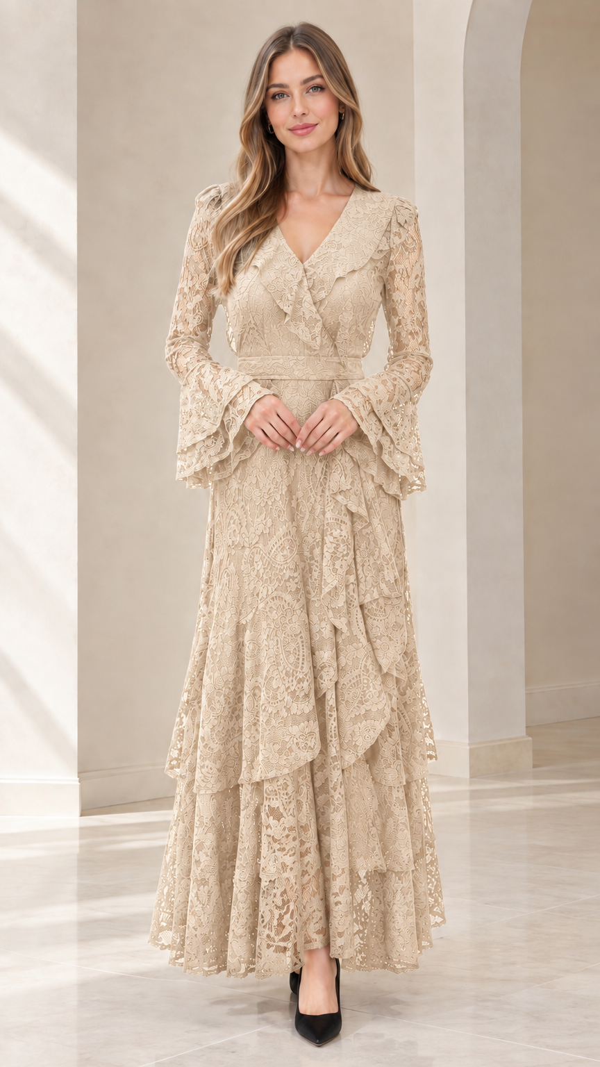 Front full view of woman wearing champagne beige long sleeve lace maxi dress