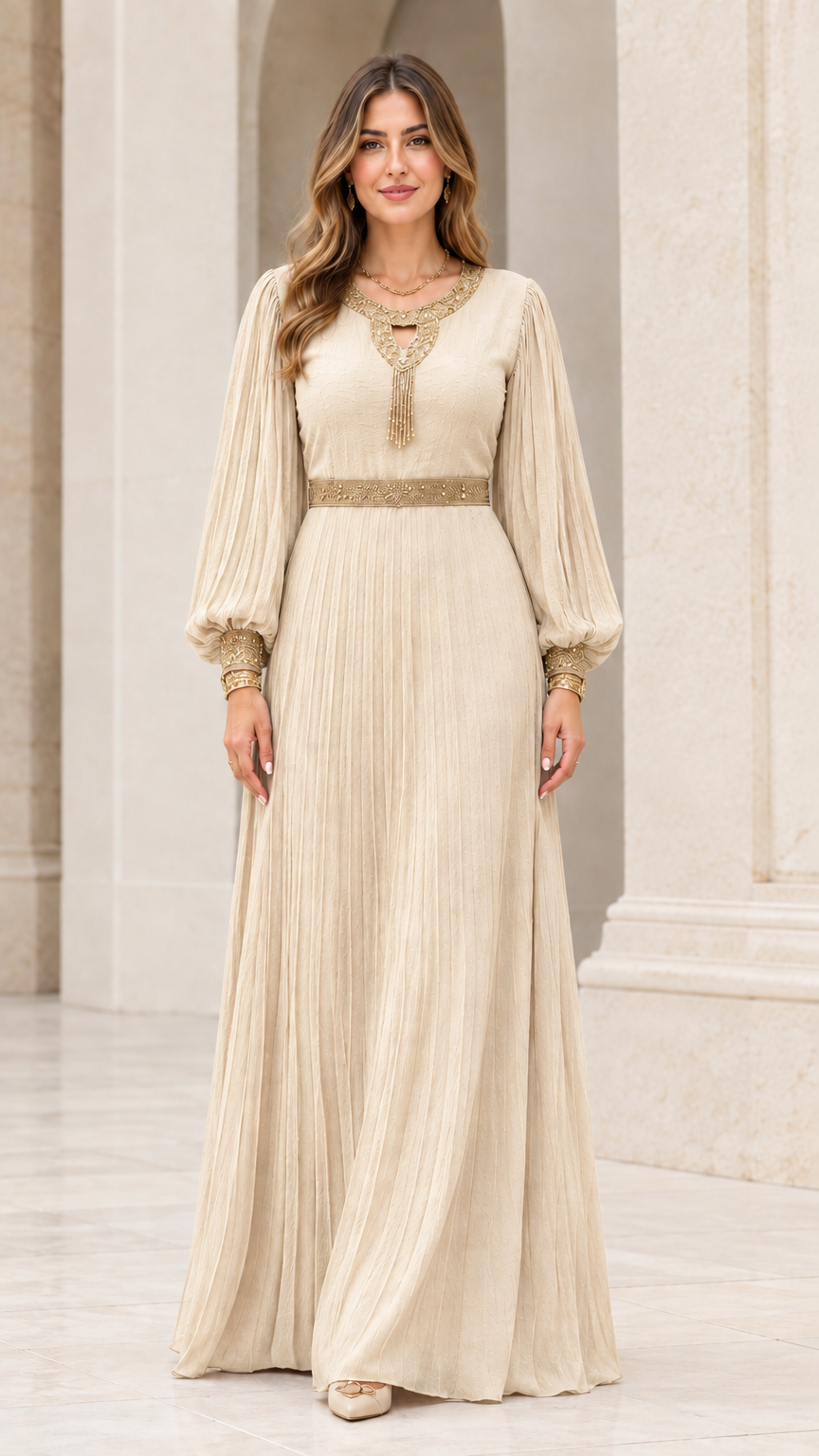 Front view of champagne cream pleated evening maxi gown with metallic embroidery