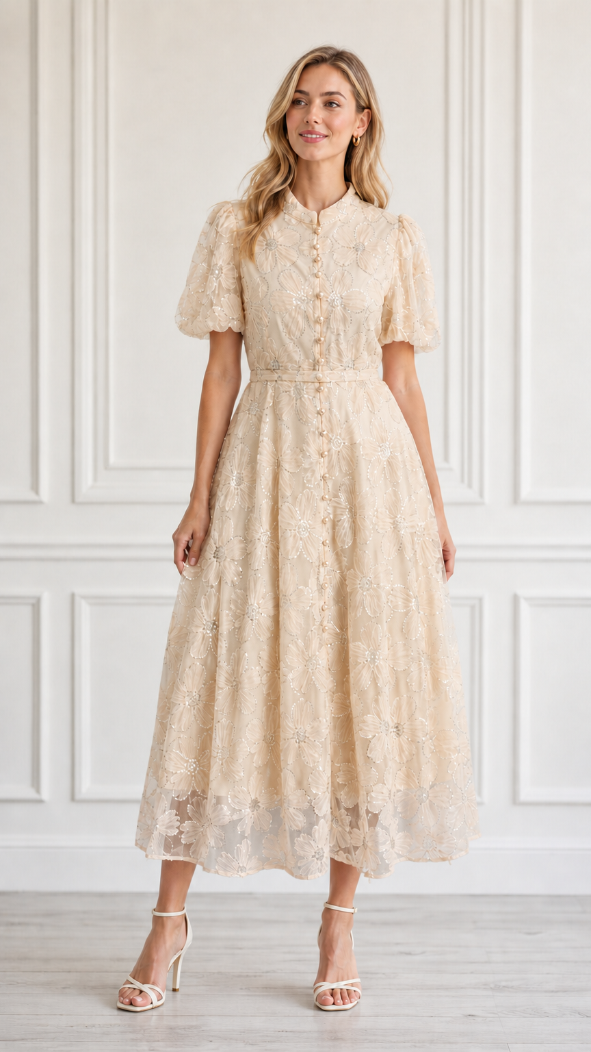 Front view of model wearing champagne floral embroidered midi dress