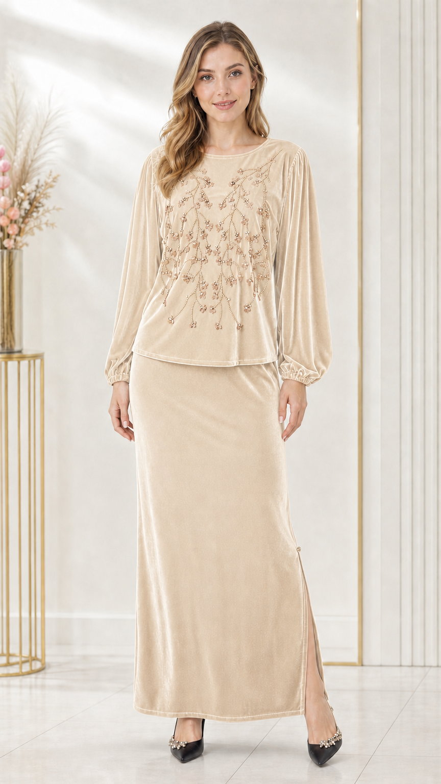 Full-length front view of champagne beige beaded velvet two-piece maxi skirt set