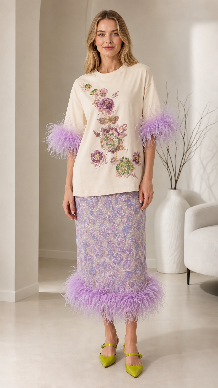 Front view of cream color variant with feather trim