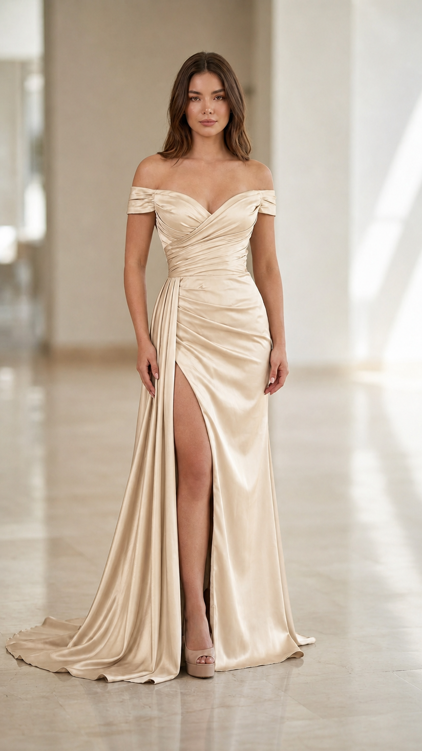 Front view of champagne gold off-the-shoulder satin formal dress