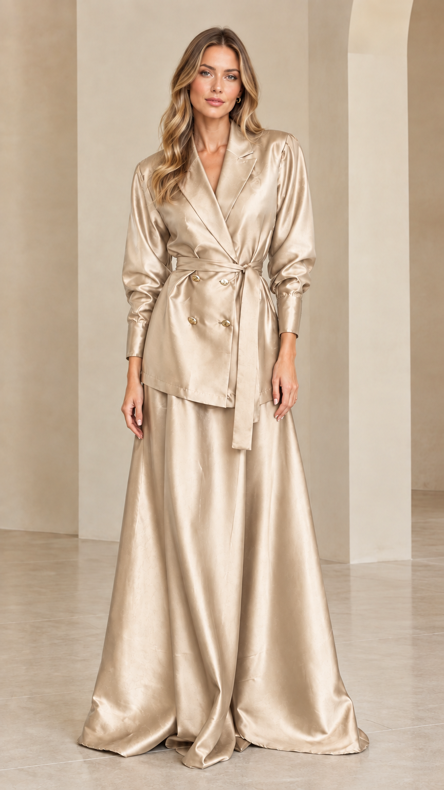 Woman wearing champagne gold satin double-breasted blazer and maxi skirt set