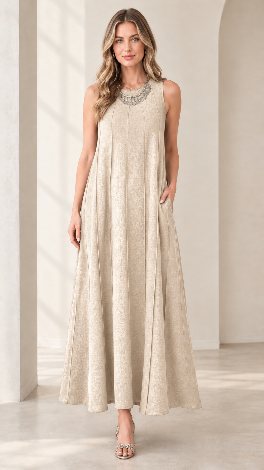 Front view of woman wearing beige sleeveless panel swing maxi dress with pockets