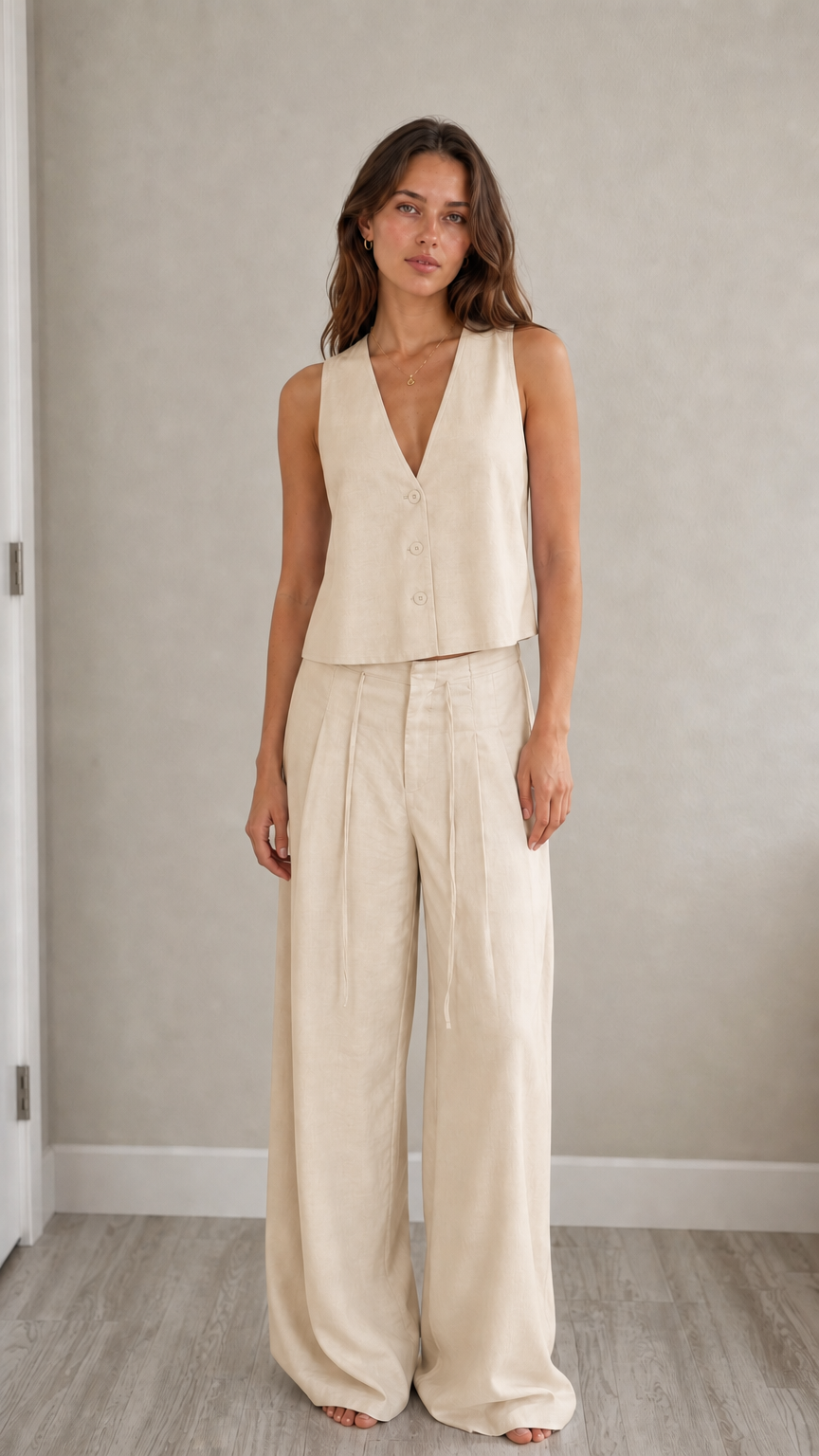 Full-length view of model in beige two-piece vest and pants set