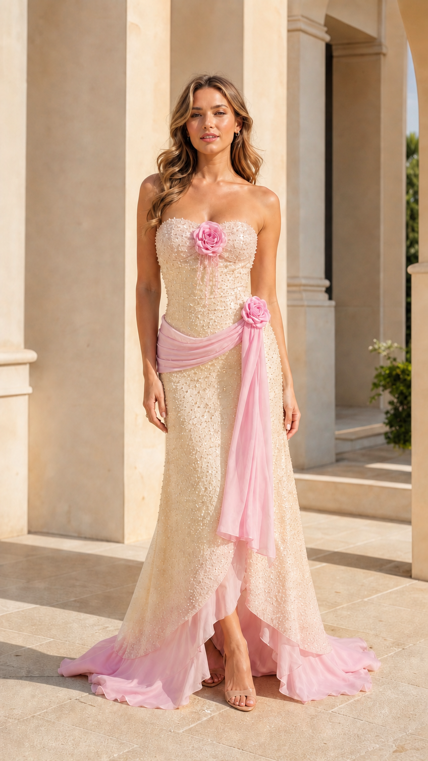 Full-length front view of champagne gold and pink ombré strapless sequined evening gown
