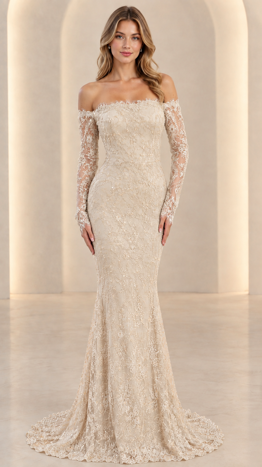 Front full view of champagne beige off-the-shoulder long sleeve lace evening gown