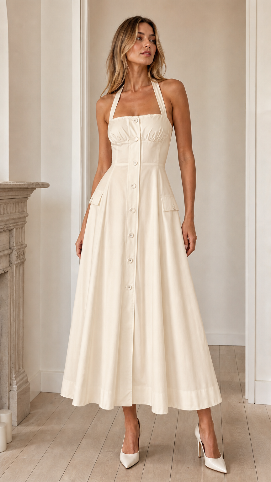 Front view of cream halter midi dress variant