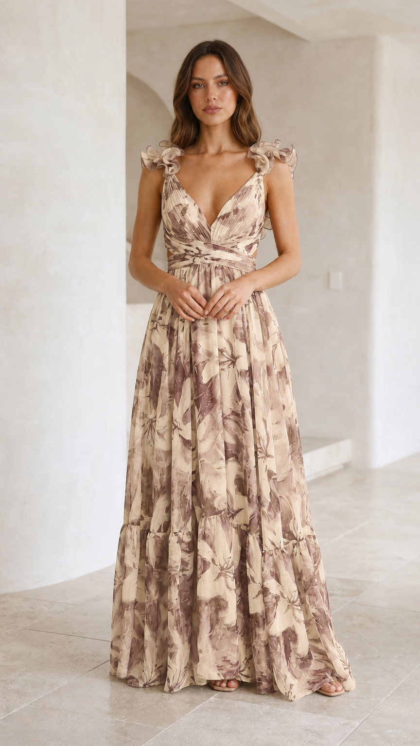 Front view of woman wearing champagne beige floral print maxi dress