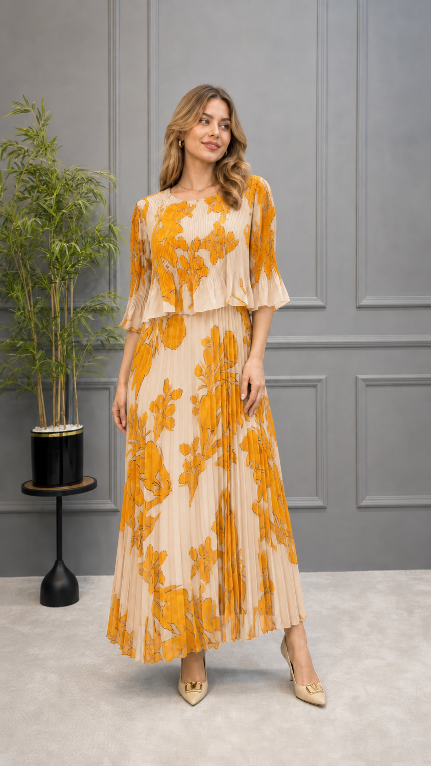 Model wearing beige champagne floral pleated maxi dress