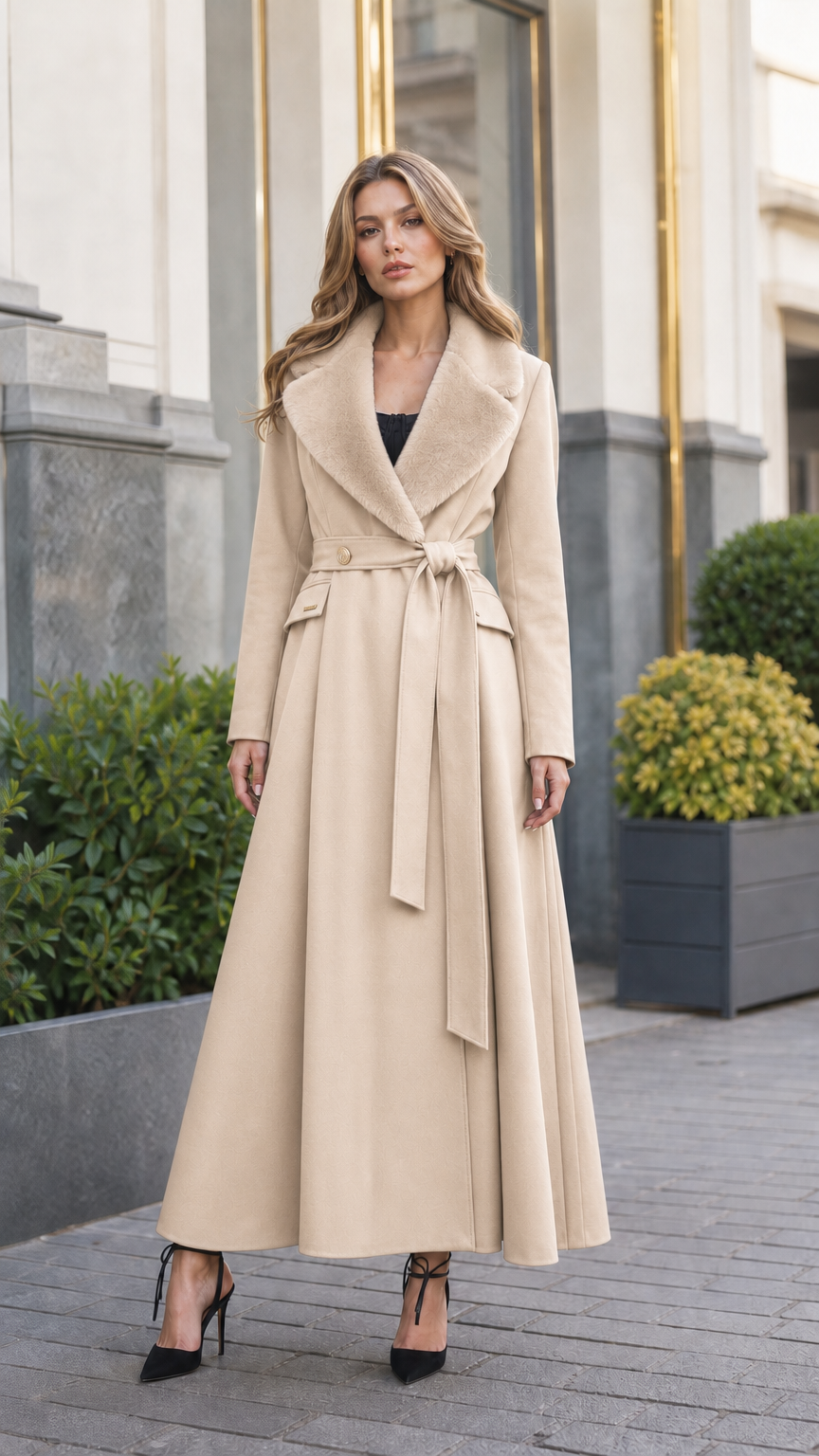 Model wearing warm beige cream longline belted overcoat with matching fur trim